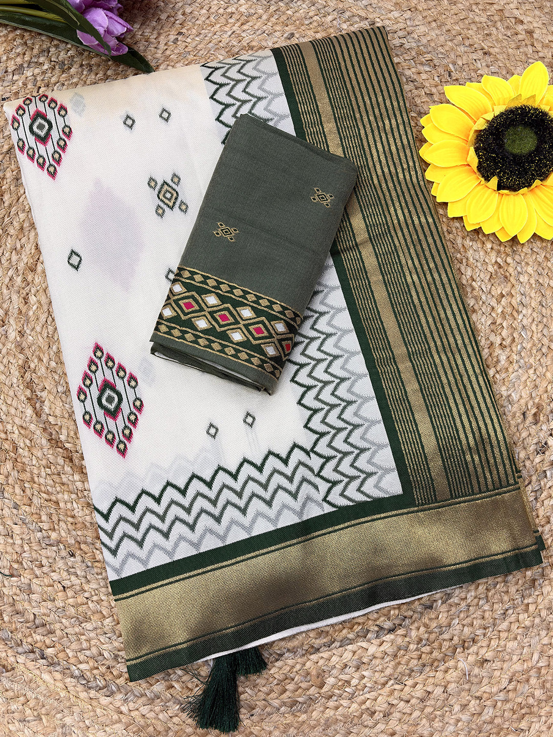 Bottle Green Premium Soft Ikkat Pochampally Patola Silk Saree