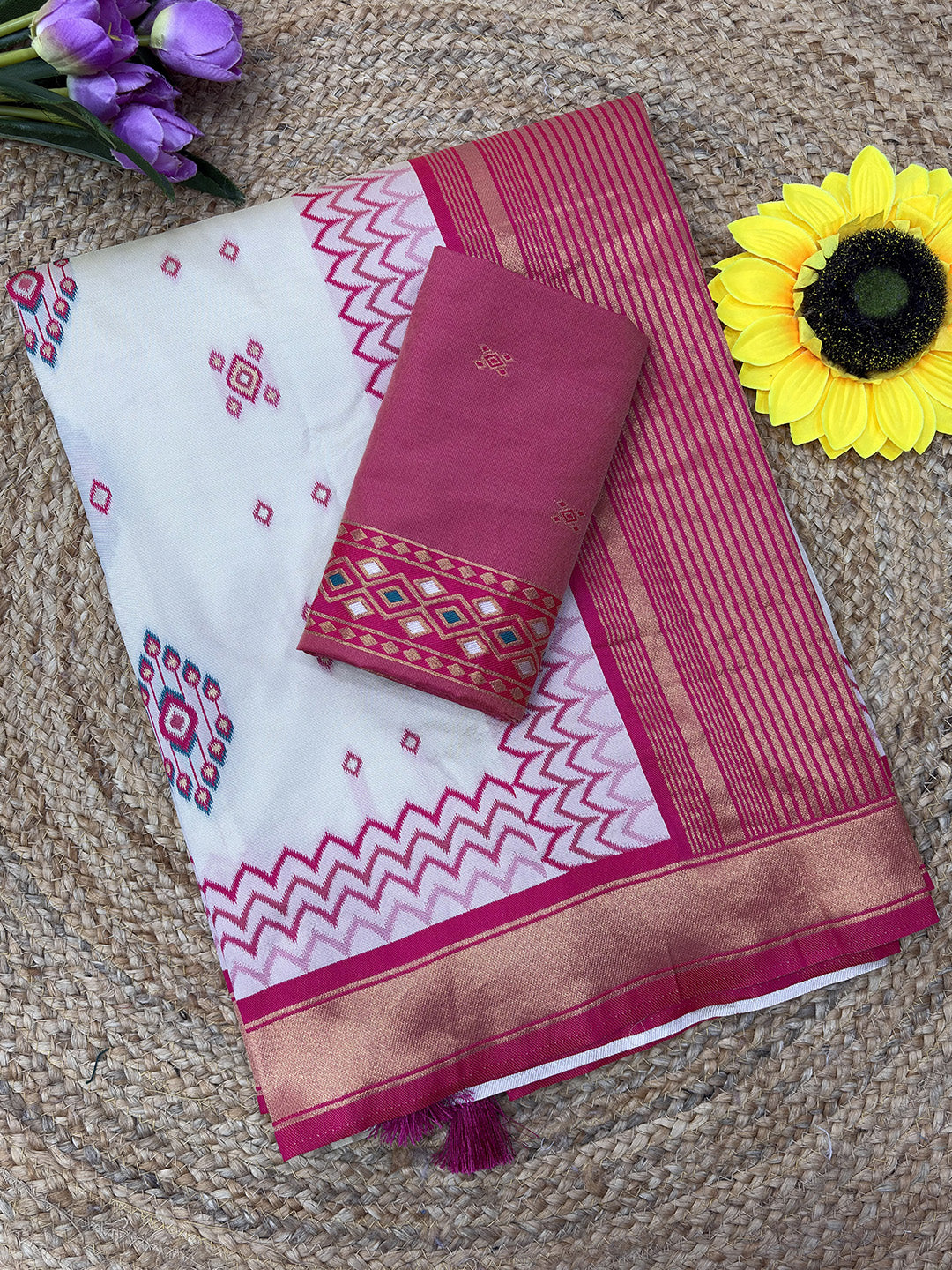 Rani Pink Premium Soft Ikkat Pochampally Patola Silk Saree