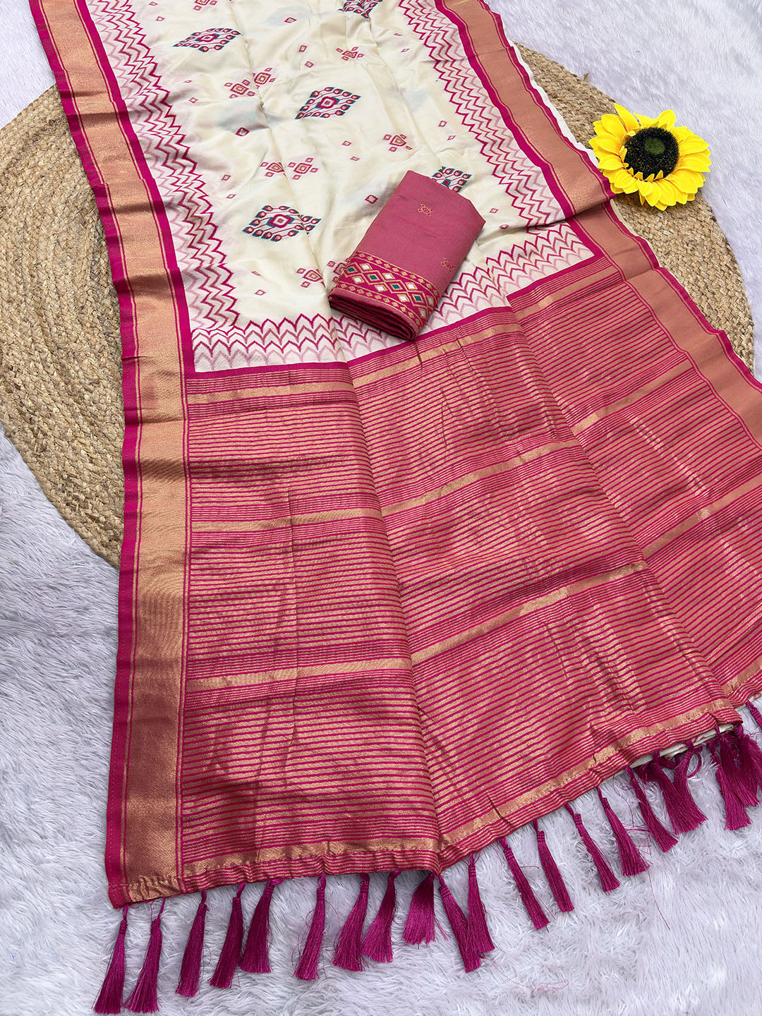 Rani Pink Premium Soft Ikkat Pochampally Patola Silk Saree