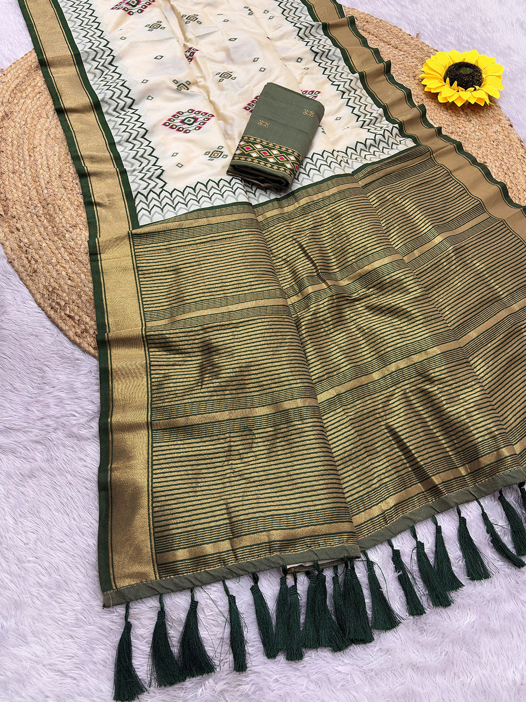 Bottle Green Premium Soft Ikkat Pochampally Patola Silk Saree