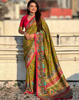 Mehendi Green Premium Viscose Silk Zari Woven Positon Printed Saree