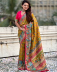 Mustard Yellow Premium Position Printed Pashmina Viscose Silk Saree with Darbari Border
