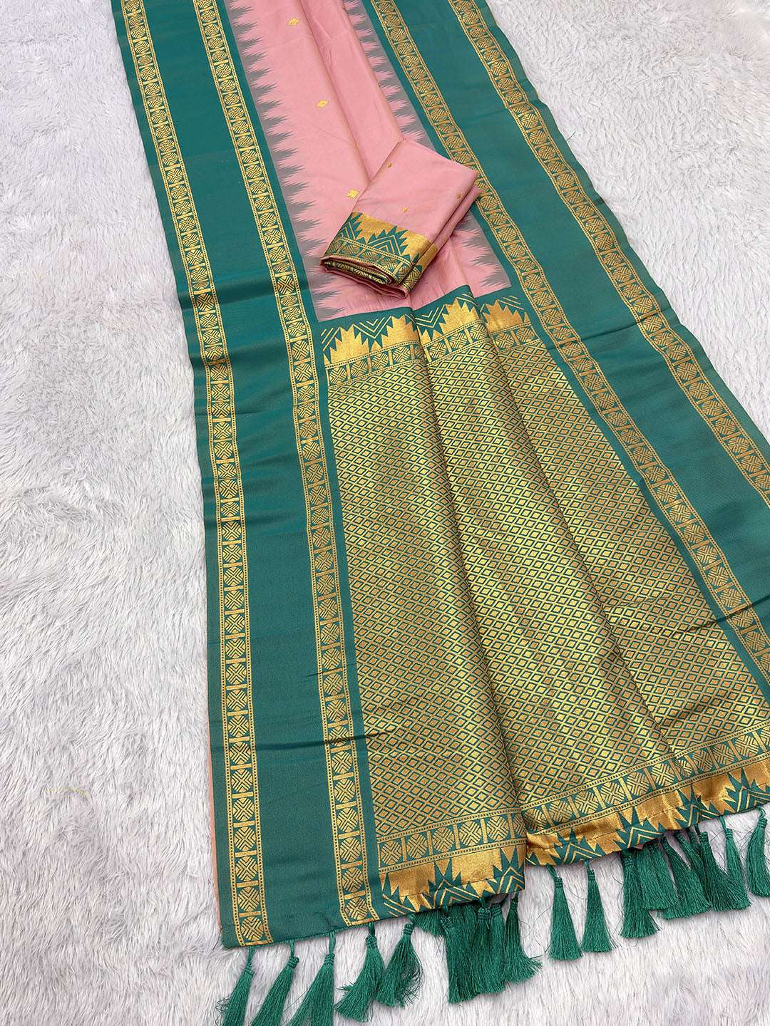Baby Pink Soft Ikkat Silk Zari Woven Saree with Rudraksham Concept Saree