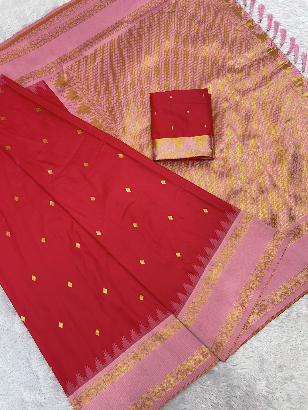 Red Soft Ikkat Silk Zari Woven Saree with Rudraksham Concept Saree