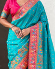 Blue Premium Soft Viscose Silk Zari Woven Baarat Postion Printed Pashmina Saree