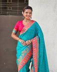 Blue Premium Soft Viscose Silk Zari Woven Baarat Postion Printed Pashmina Saree