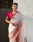 White Premium Soft Viscose Silk Zari Woven Baarat Postion Printed Pashmina Saree