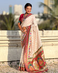 White Premium Soft Viscose Silk Zari Woven Baarat Postion Printed Pashmina Saree