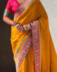 Mustard Yellow Premium Soft Viscose Silk Zari Woven Baarat Postion Printed Pashmina Saree