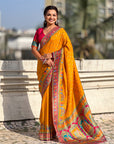Mustard Yellow Premium Soft Viscose Silk Zari Woven Baarat Postion Printed Pashmina Saree