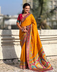 Mustard Yellow Premium Soft Viscose Silk Zari Woven Baarat Postion Printed Pashmina Saree