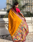 Mustard Yellow Premium Soft Viscose Silk Zari Woven Baarat Postion Printed Pashmina Saree