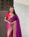 Purple Premium Soft Viscose Silk Zari Woven Baarat Postion Printed Pashmina Saree