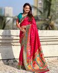 Pink Premium Soft Viscose Silk Zari Woven Baarat Postion Printed Pashmina Saree