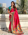Pink Premium Soft Viscose Silk Zari Woven Baarat Postion Printed Pashmina Saree