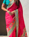Pink Premium Soft Viscose Silk Zari Woven Baarat Postion Printed Pashmina Saree