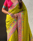 Mehendi Green Premium Soft Viscose Silk Zari Woven Baarat Postion Printed Pashmina Saree