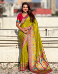 Mehendi Green Premium Soft Viscose Silk Zari Woven Baarat Postion Printed Pashmina Saree