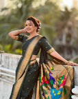 Bottle Green Nauvari Pathani Silk Zari Woven Muniya Border Saree
