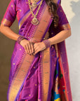 Purple (Red Tone) Nauvari Pathani Silk Zari Woven Muniya Border Saree