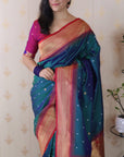 Peacock Blue Bandhani Weaves Silk Saree with Classic Border & Peacock Pallu