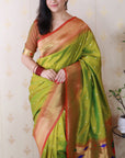 Mehendi Green Bandhani Weaves Silk Saree with Classic Border & Peacock Pallu