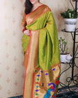 Mehendi Green Bandhani Weaves Silk Saree with Classic Border & Peacock Pallu