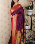 Wine Bandhani Weaves Silk Saree with Classic Border & Peacock Pallu