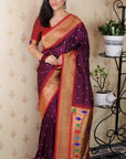 Wine Bandhani Weaves Silk Saree with Classic Border & Peacock Pallu