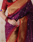 Wine Bandhani Weaves Silk Saree with Classic Border & Peacock Pallu