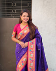 Violet Rajhans(Swan) & Peacock Meenakari Paithani Silk Saree