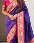 Violet Rajhans(Swan) & Peacock Meenakari Paithani Silk Saree