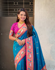 Rama Blue Rajhans(Swan) & Peacock Meenakari Paithani Silk Saree