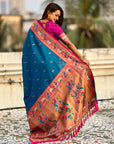 Rama Blue Rajhans(Swan) & Peacock Meenakari Paithani Silk Saree