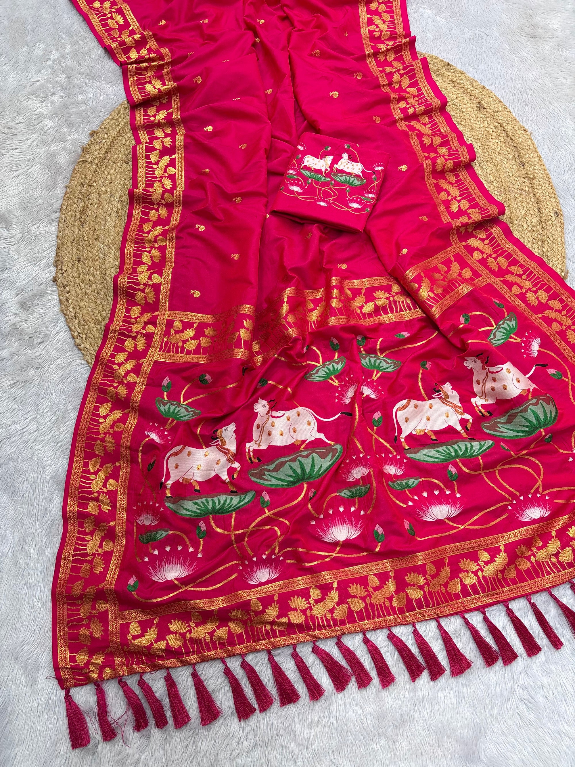 Rani Pink Soft Zari Woven Saree with Lotus Pichwai Concept Pallu