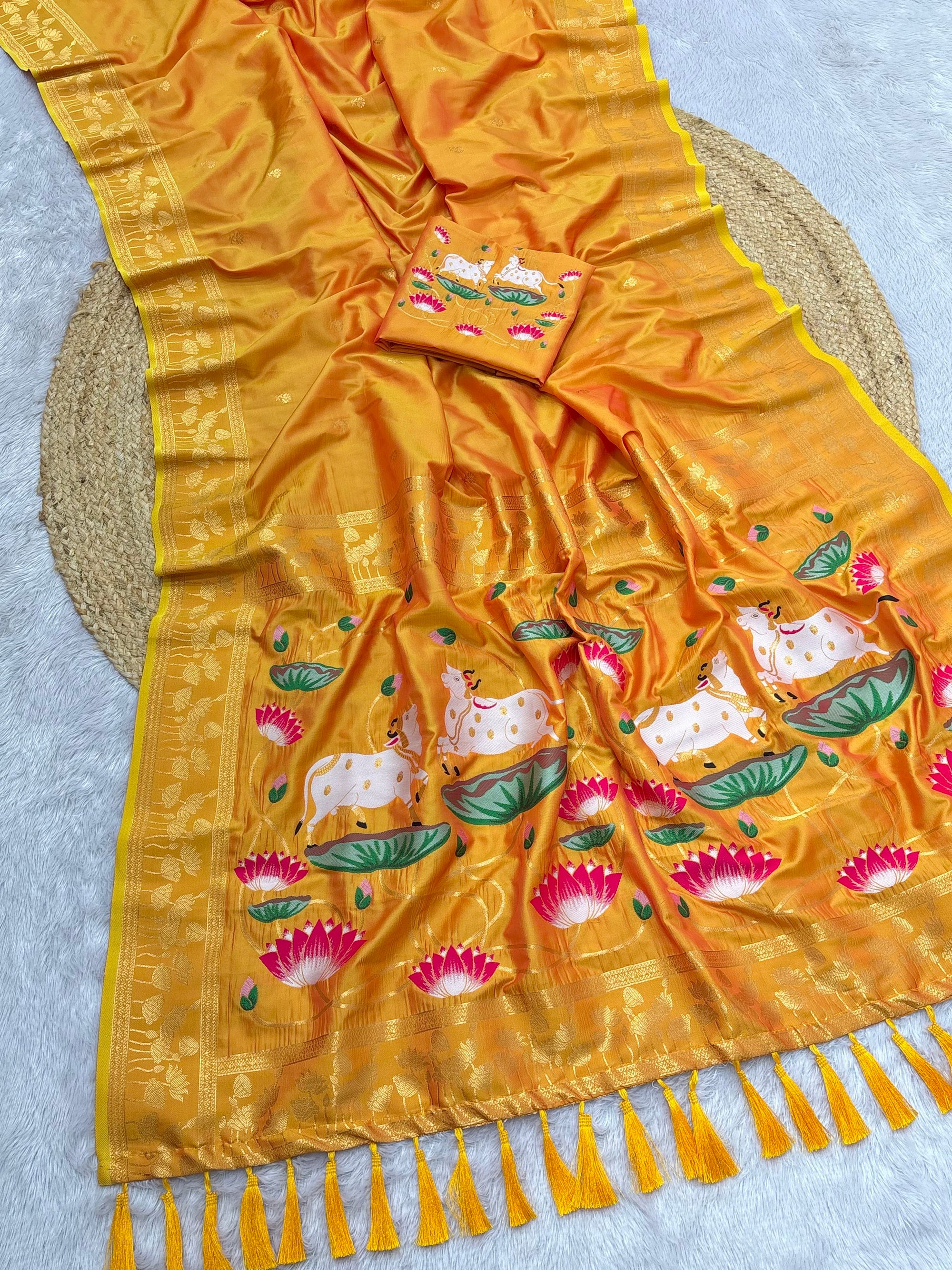Gold Soft Zari Woven Saree with Lotus Pichwai Concept Pallu