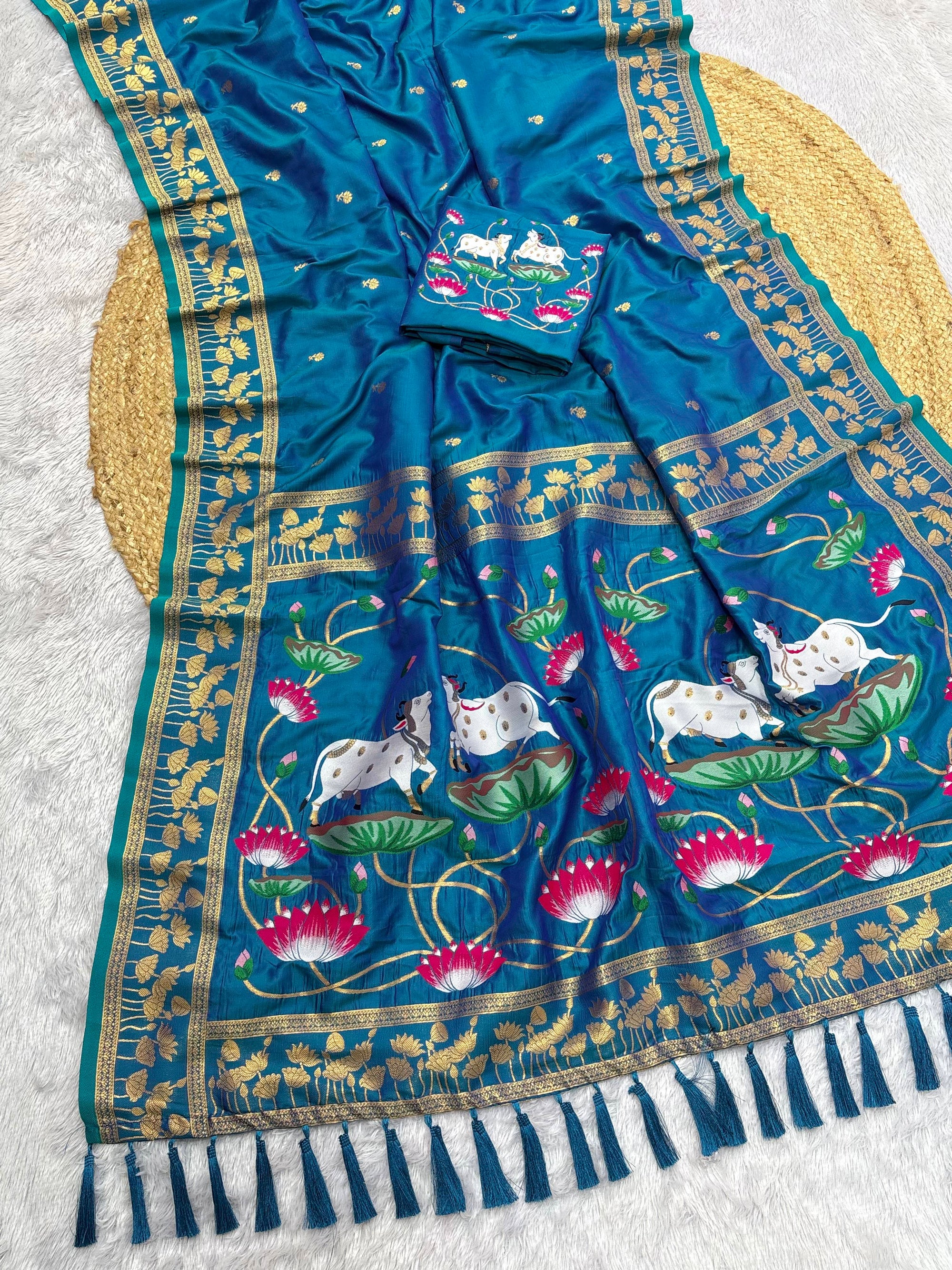 Rama Blue Soft Zari Woven Saree with Lotus Pichwai Concept Pallu