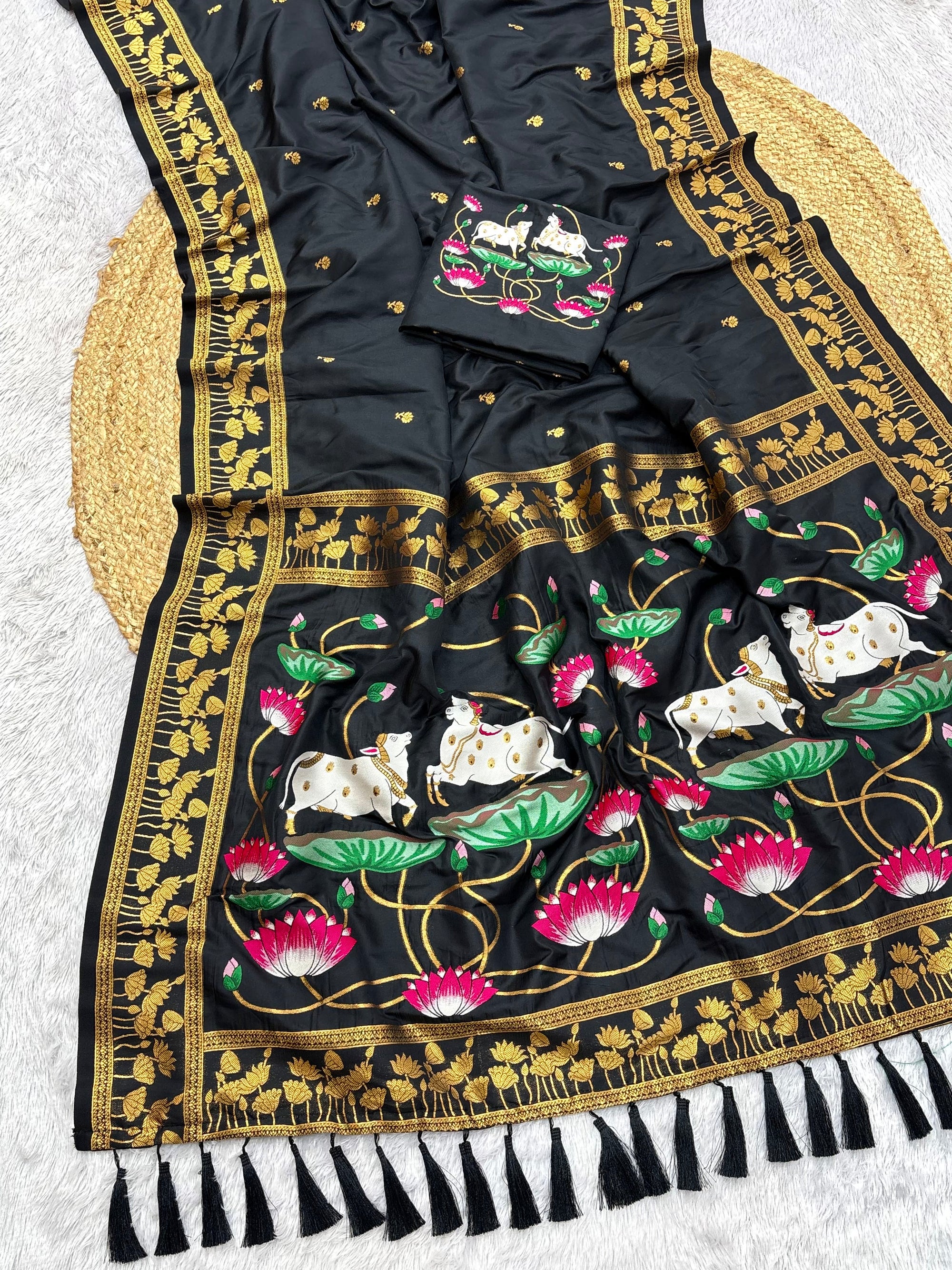 Black Soft Zari Woven Saree with Lotus Pichwai Concept Pallu