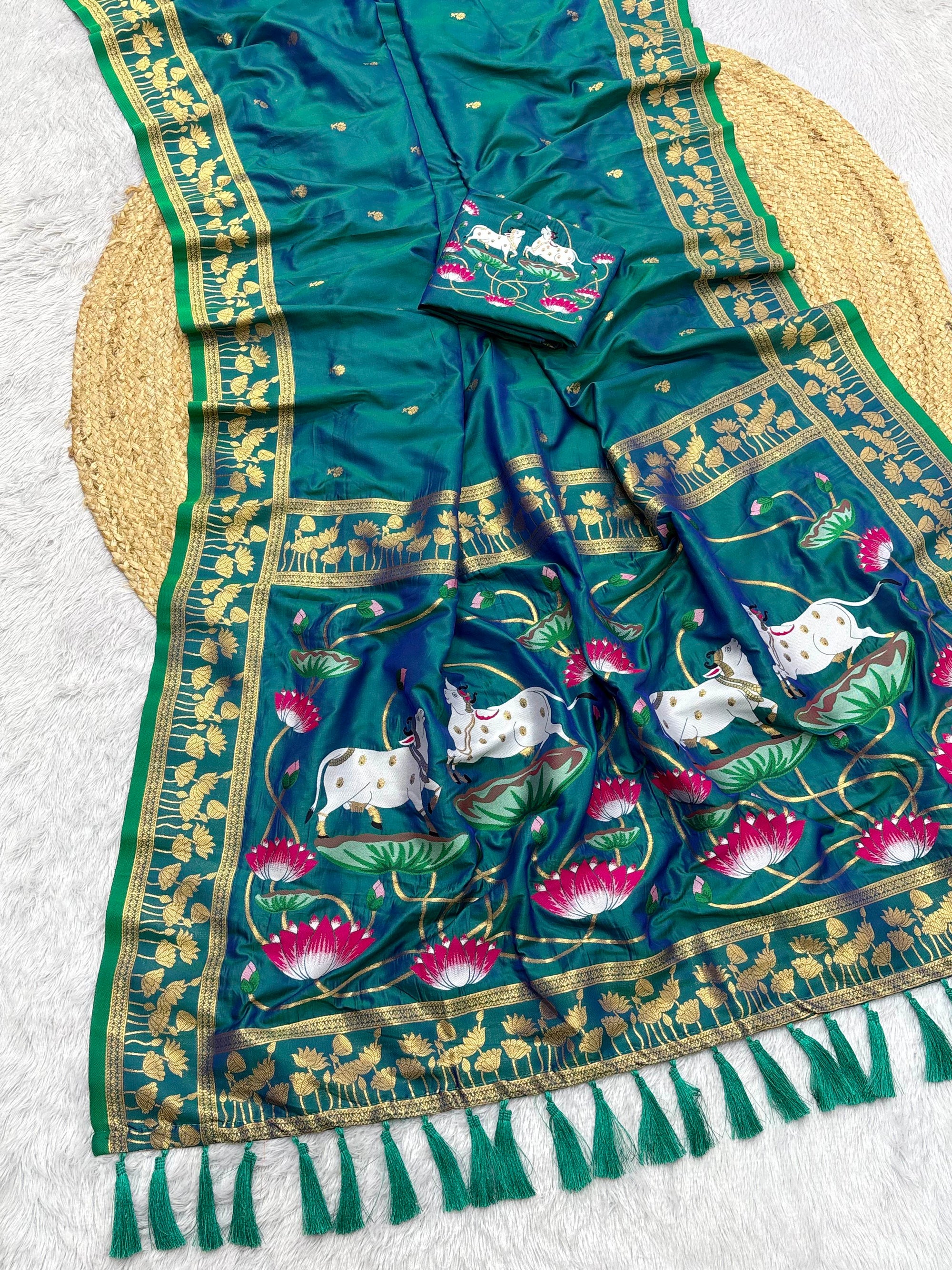 Peacock Blue Soft Zari Woven Saree with Lotus Pichwai Concept Pallu