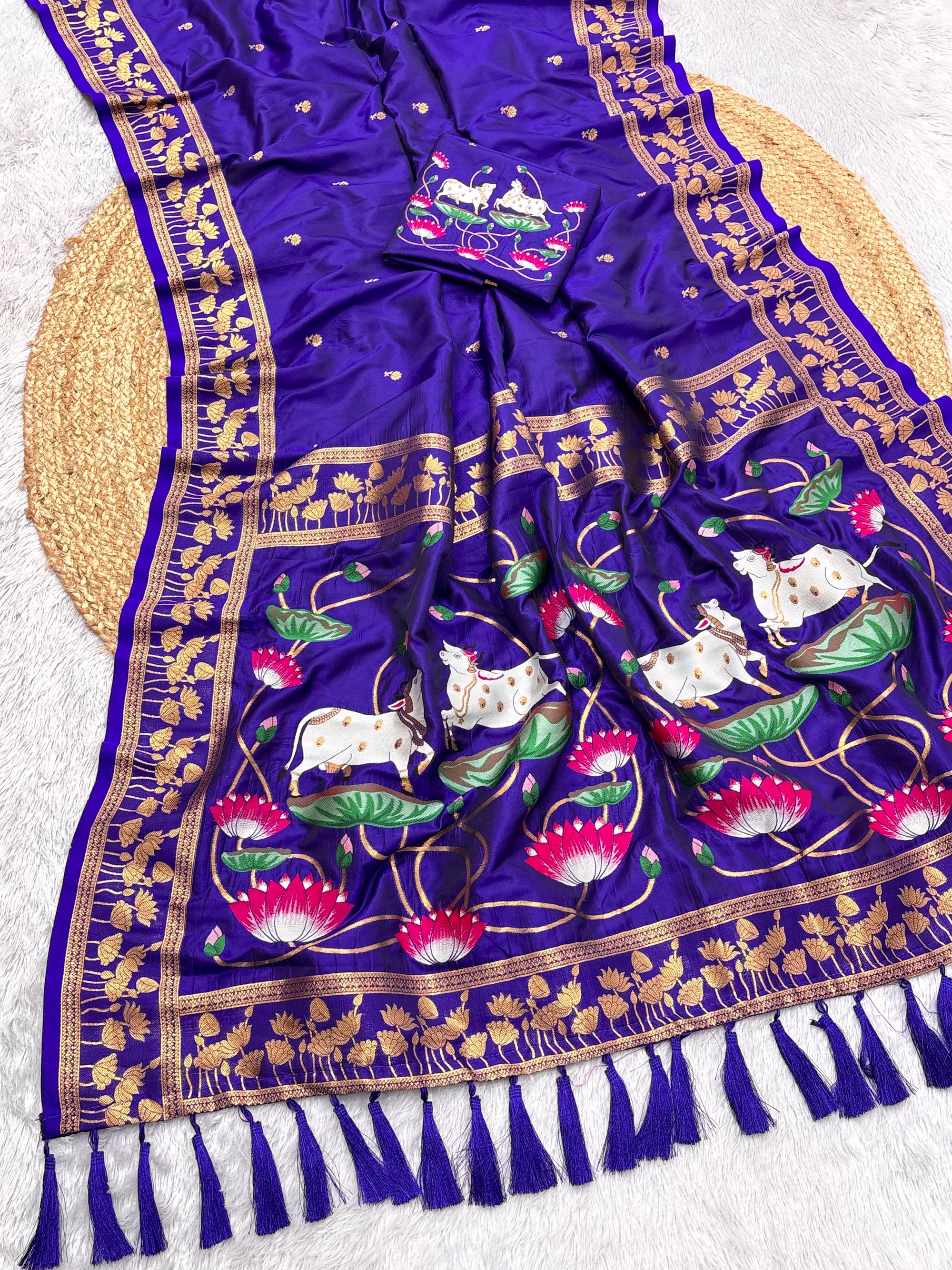 Violet Soft Zari Woven Saree with Lotus Pichwai Concept Pallu