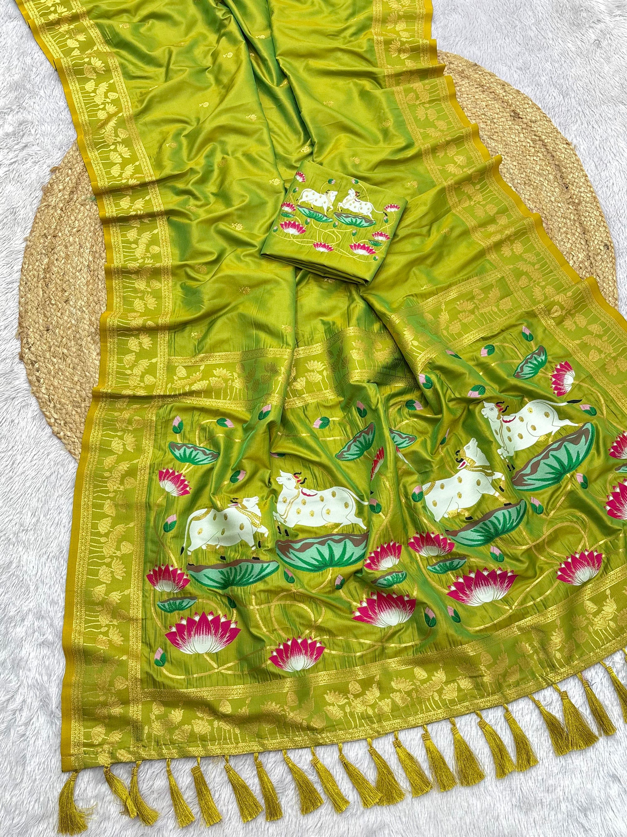Mehendi Green Soft Zari Woven Saree with Lotus Pichwai Concept Pallu