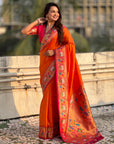 Orange Rajhans(Swan) & Peacock Meenakari Paithani Silk Saree