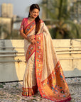 Cream Rajhans(Swan) & Peacock Meenakari Paithani Silk Saree