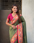 Dark Mehendi Green Rajhans(Swan) & Peacock Meenakari Paithani Silk Saree