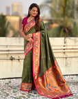 Dark Mehendi Green Rajhans(Swan) & Peacock Meenakari Paithani Silk Saree