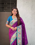 Purple Rajhans(Swan) & Peacock Meenakari Paithani Silk Saree