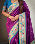 Purple Rajhans(Swan) & Peacock Meenakari Paithani Silk Saree