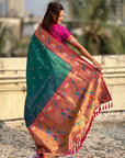 Peacock Blue Rajhans(Swan) & Peacock Meenakari Paithani Silk Saree