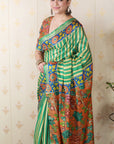 Pista Green Soft Tussar Silk Striped & Floral Printed Saree