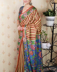 Brown Soft Tussar Silk Striped & Floral Printed Saree
